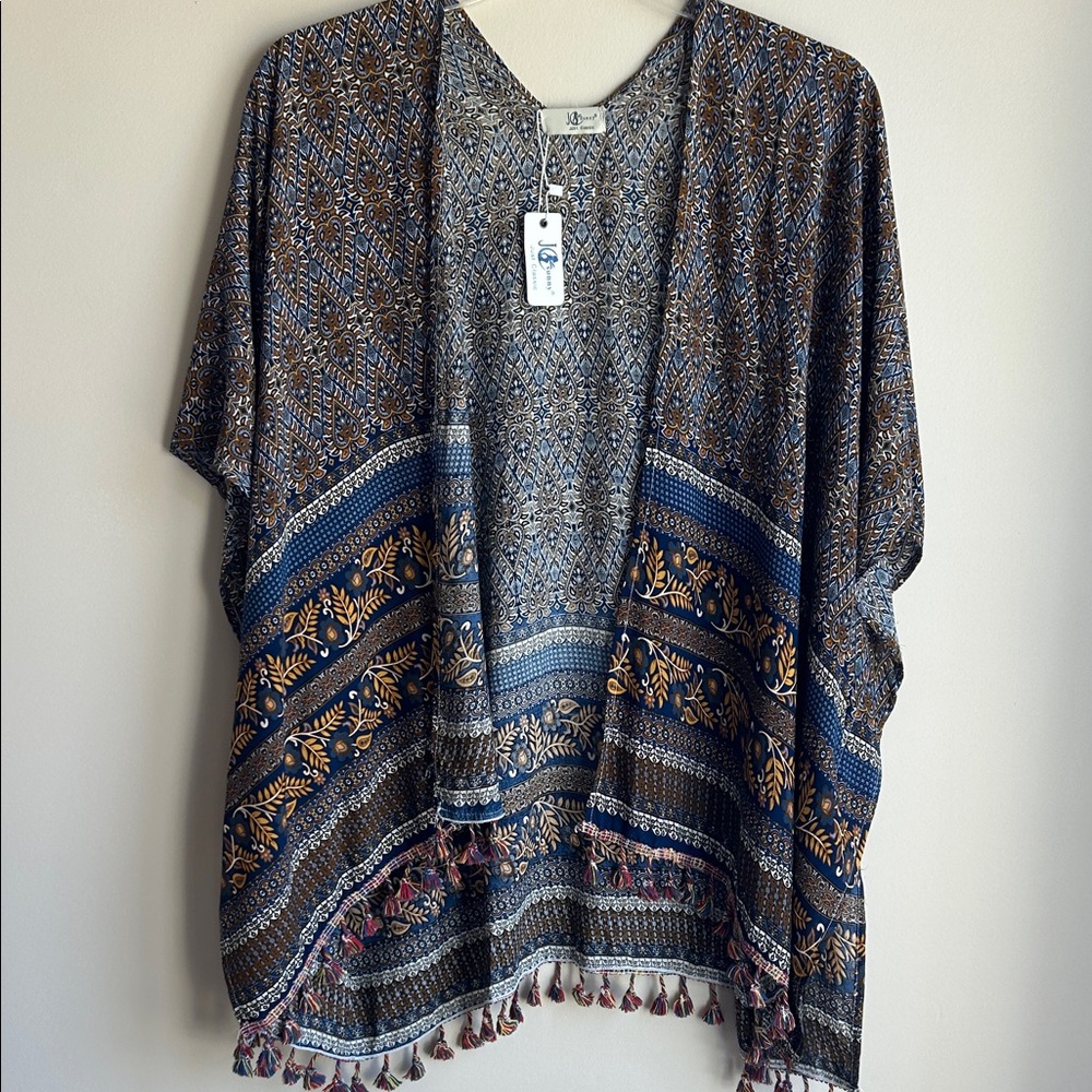 JC sunny Just Classic Boho Open-Front Tassel Kimono - Navy & Mustard